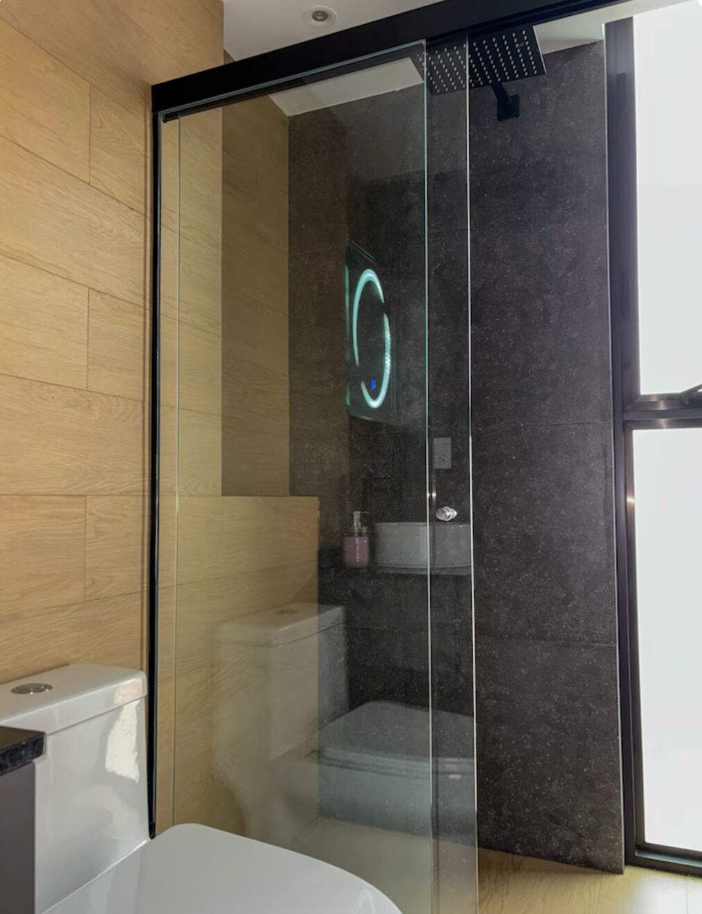 A modern bathroom with a glass shower enclosure, a toilet, and a sink.