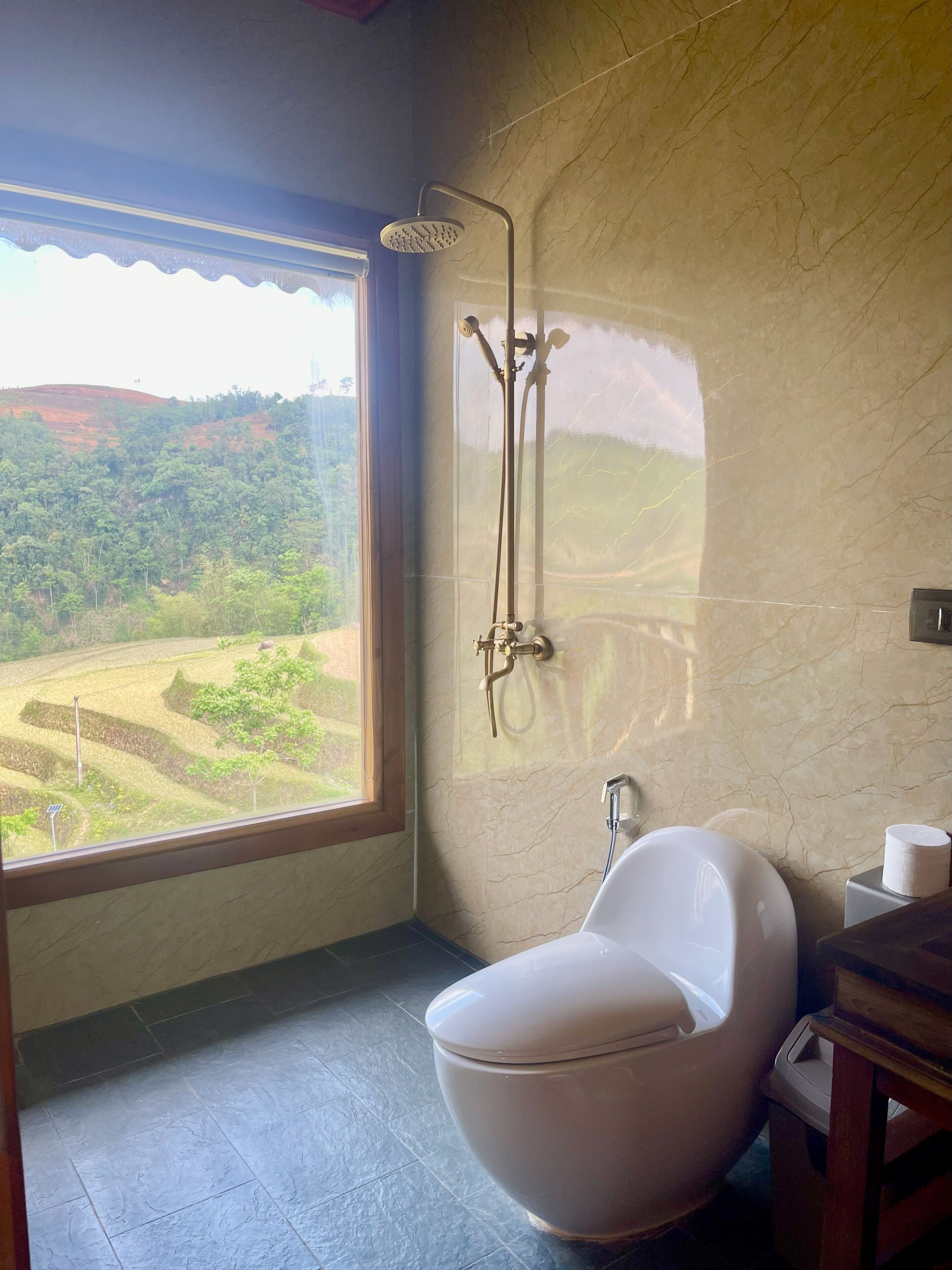 A bathroom with a modern design, a toilet, a shower, and a view of a hilly landscape through a large window.
