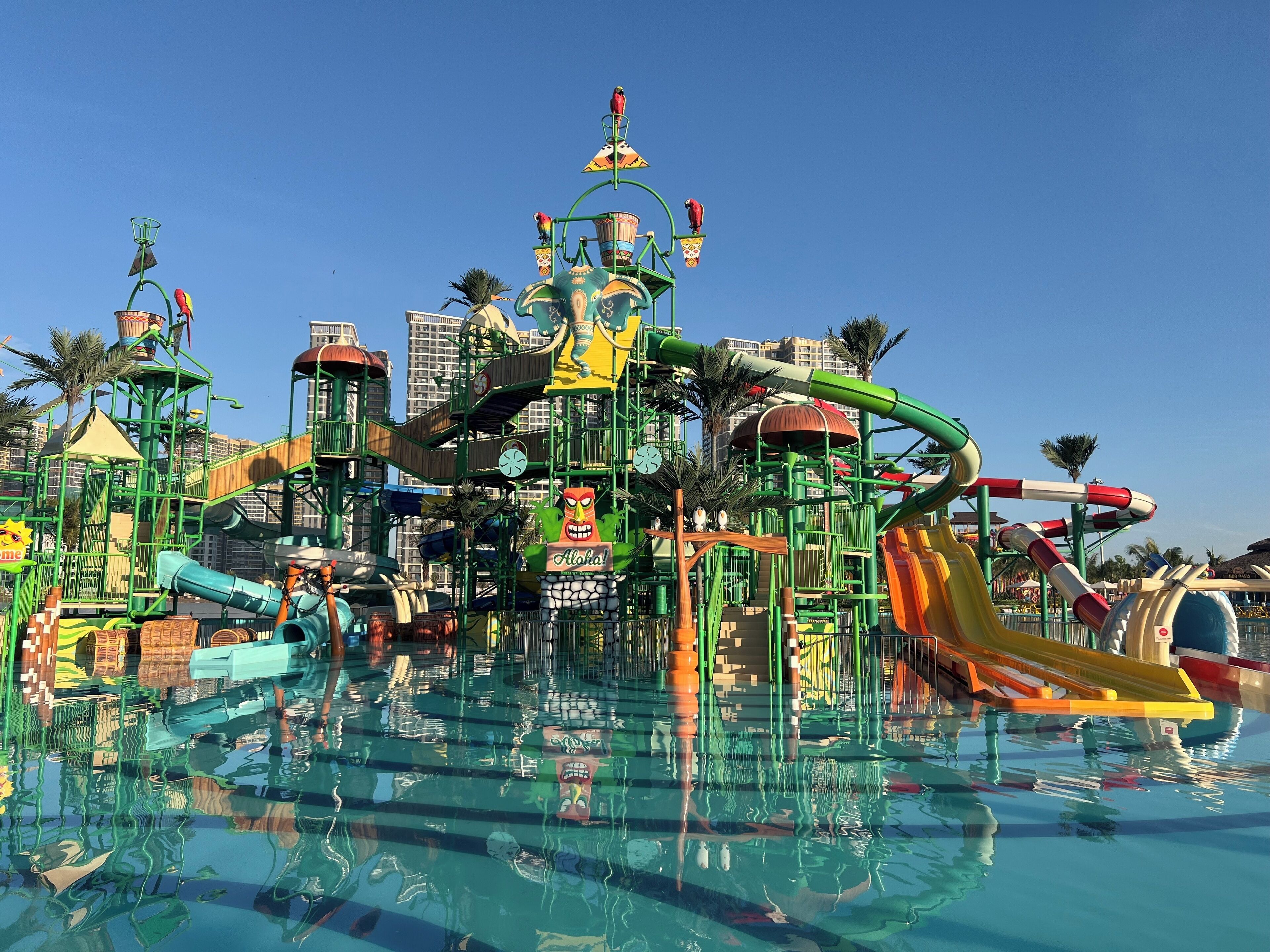 A water park with various slides and play structures.