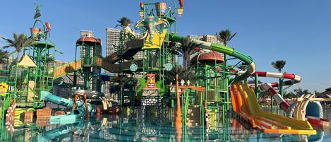 A water park with various slides and play structures.