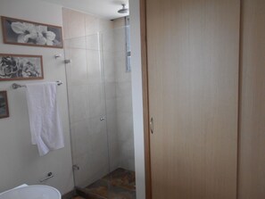 Chuveiro, toalhas de banho, sabonete, papel higiênico