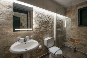 Douche, séchoir à cheveux, serviettes fournies, savon
