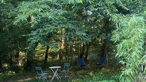 A secluded outdoor seating area with a table and two chairs surrounded by dense foliage. - Charming wooden house (Auffargis)