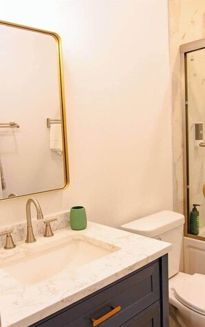 Shower, jetted bath, hair dryer, towels