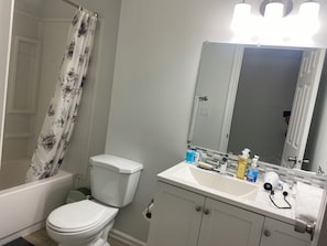 Hair dryer, towels, soap, shampoo