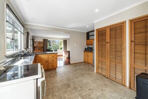 Fridge, microwave, cookware/dishes/utensils