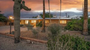 A modern house with a brick exterior, surrounded by desert vegetation, including cacti and a yucca plant. - Serene 3BR retreat with Catalina Mountain views, shaded gazebo, BBQ grill & dog-friendly backyard. (Tucson)