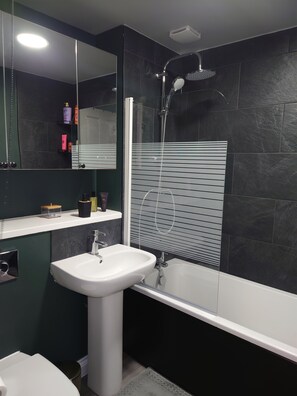 Hårtork, handdukar, tvål och toalettpapper