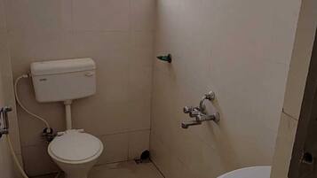 Shower, hydromassage showerhead, towels, toilet paper