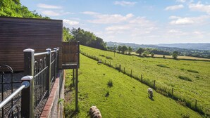 A rural landscape with a fenced area, a wooden building, and sheep grazing. - Luna Holiday Pod - UK48590 (Snailbeach)