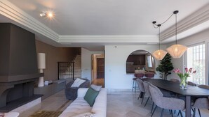 A modern living room with a fireplace, a dining area with a table and chairs, and a kitchen in the background.