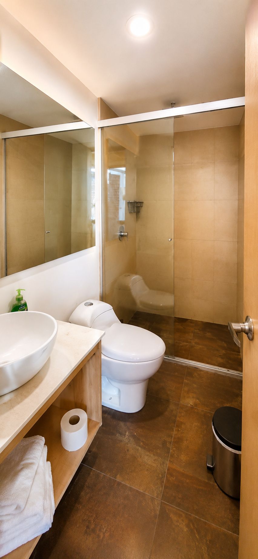 Un baño moderno con ducha envuelta en vidrio, lavamanos blanco y un inodoro.