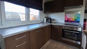 A modern kitchen with wooden cabinets, a stainless steel oven, and a window with a view of a house. - Beach house on the Rhön beach with whirlpool (Wartmannsroth)