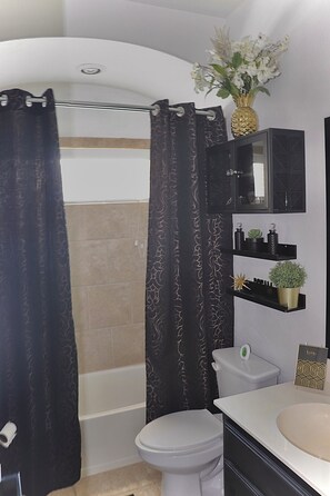 Hair dryer, towels, soap, shampoo