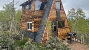A wooden cabin with a sloped roof, large windows, and a small outdoor grill area. - Pronghorn Point Cabin@22 West Cabins 18miles from Walden 80 miles from Steamboat (Walden)