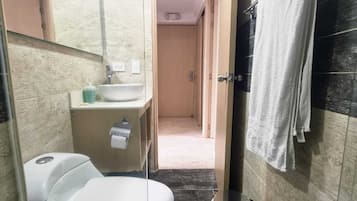 Shower, towels, soap, toilet paper