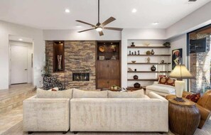 TV, fireplace, offices