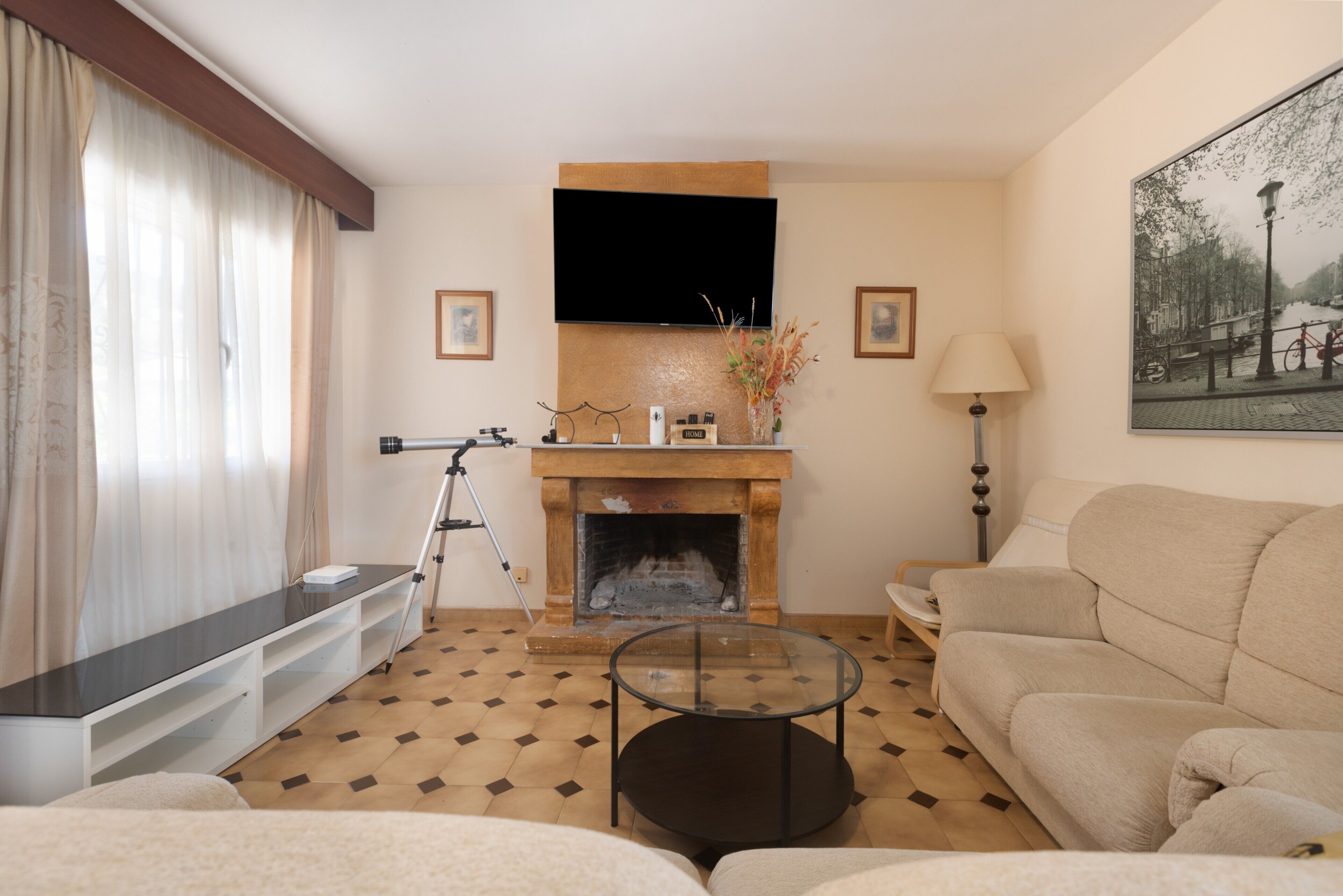TV, fireplace