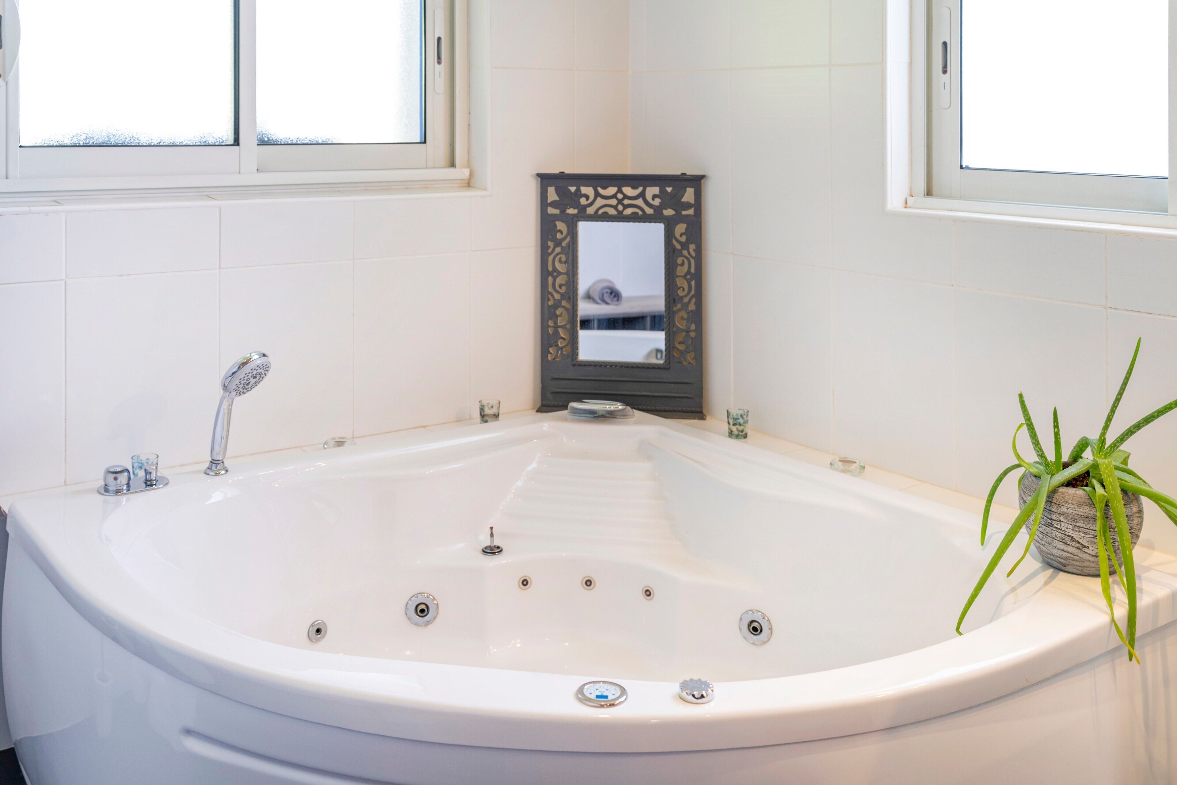 A large white bathtub with a showerhead, a small mirror with a decorative frame, and a potted plant on the side.