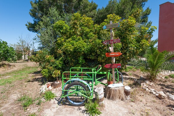 A rustic outdoor area with a green cart, wooden signpost, and a variety of trees and plants.