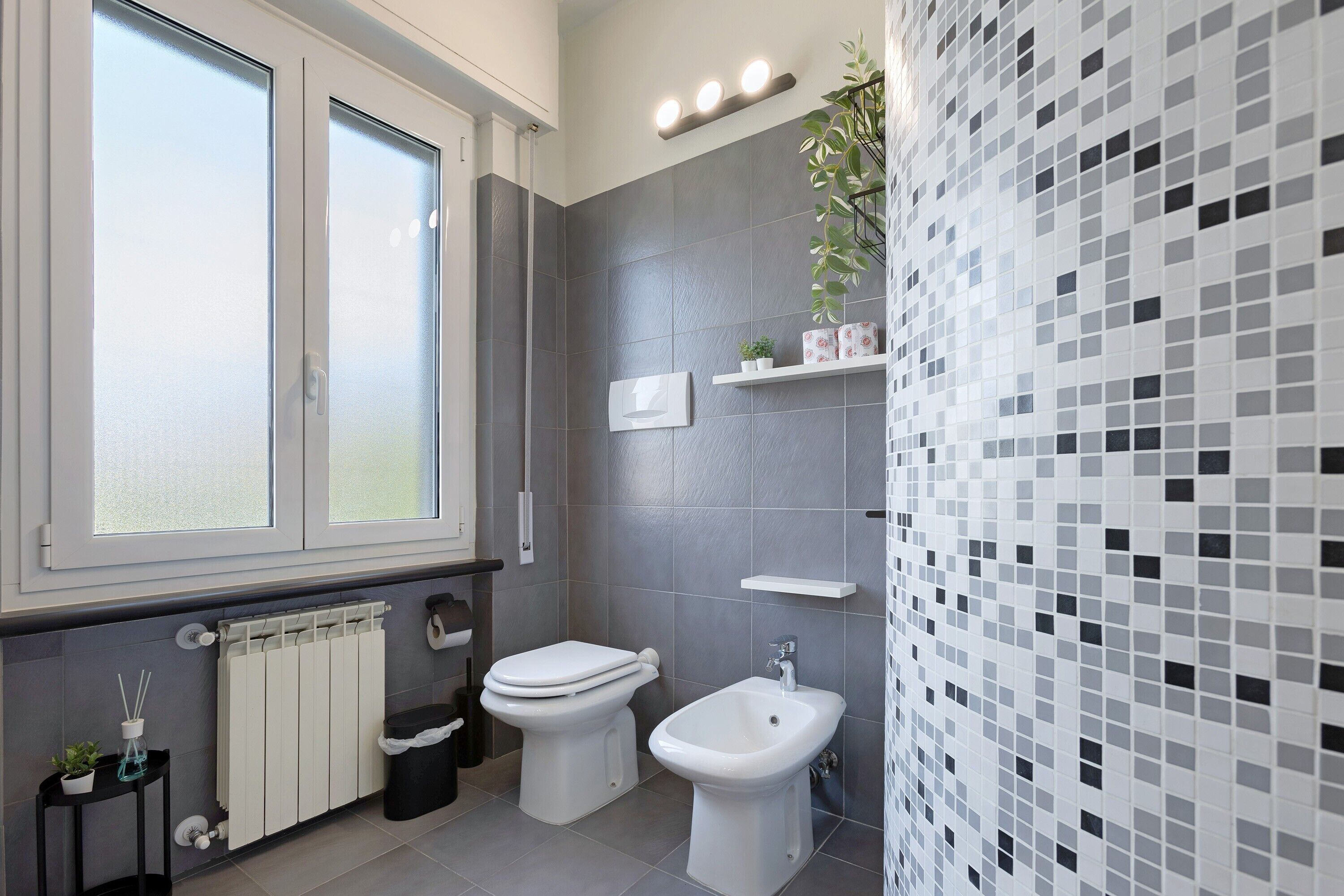 Un baño moderno con inodoro, bidé y radiador.