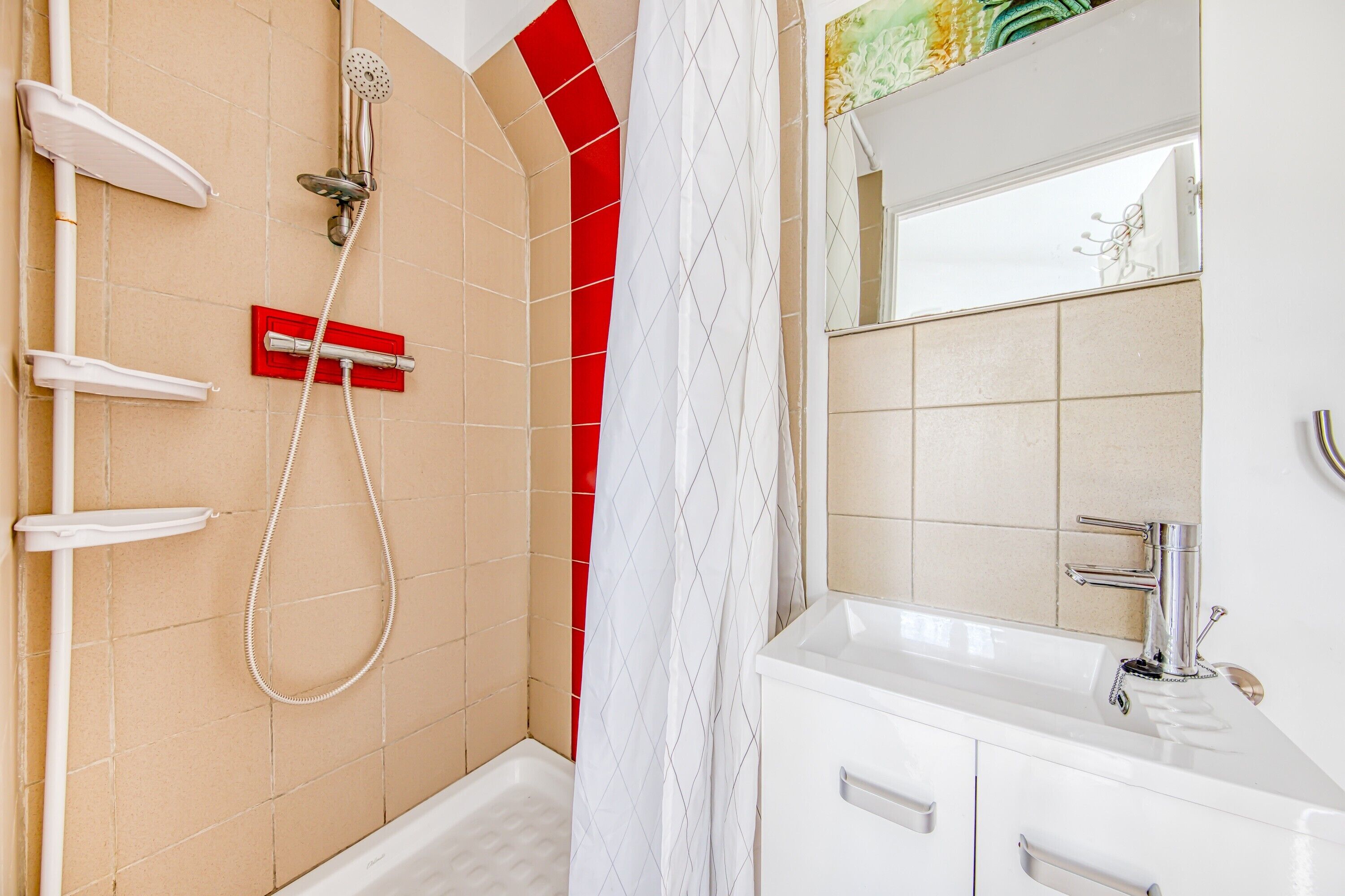 Une salle de bain avec une douche, un lavabo et un miroir.