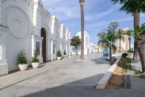 Una calle pavimentada con edificios blancos, palmeras y plantas en macetas.