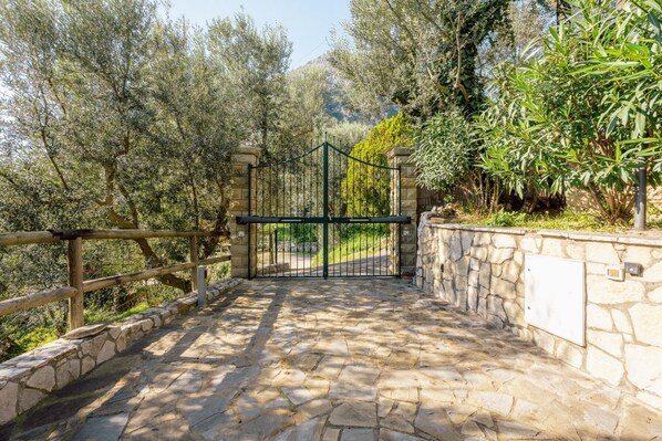 A stone pathway leading to a gated entrance surrounded by olive trees and greenery.
