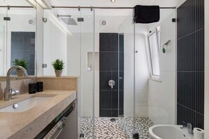 Shower, hair dryer, towels
