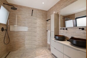 Shower, hair dryer, towels