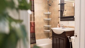 Hair dryer, bidet, towels, soap