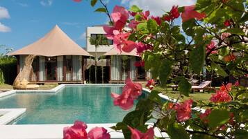 Outdoor pool, pool umbrellas, pool loungers