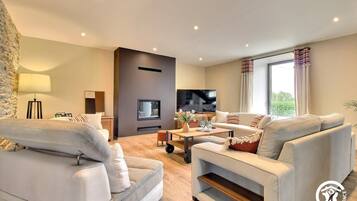 Una televisión, una chimenea, una mesa de tenis de mesa, libros