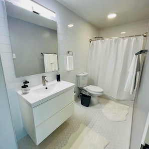 Shower, hair dryer, towels, soap