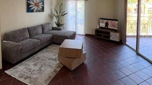 Una sala de estar con un sofá modular, una mesa de centro, un televisor y un ventanal corredizo que da a un área exterior.