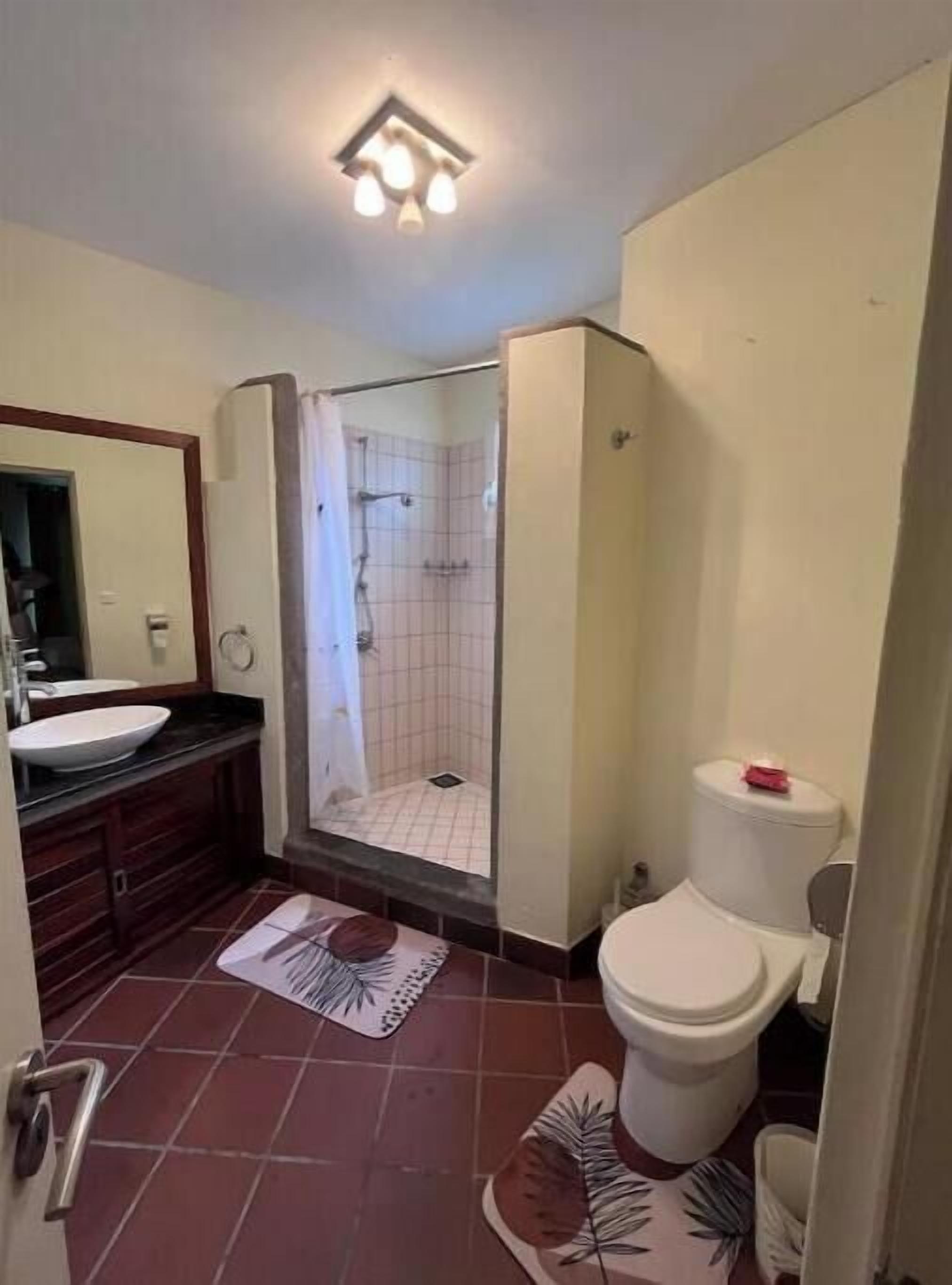 Et badeværelse med bruser, toilet, vask og spejl.