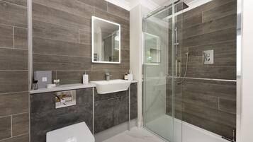 Shower, hair dryer, towels