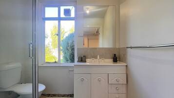 Hair dryer, towels, soap, toilet paper