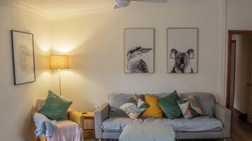 Smart TV, fireplace, books, computer monitors