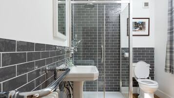 Hair dryer, towels, soap, shampoo