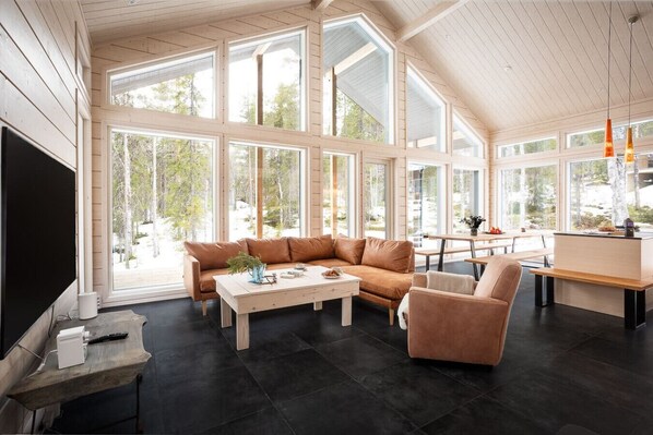 Televisión, chimenea y estéreo 