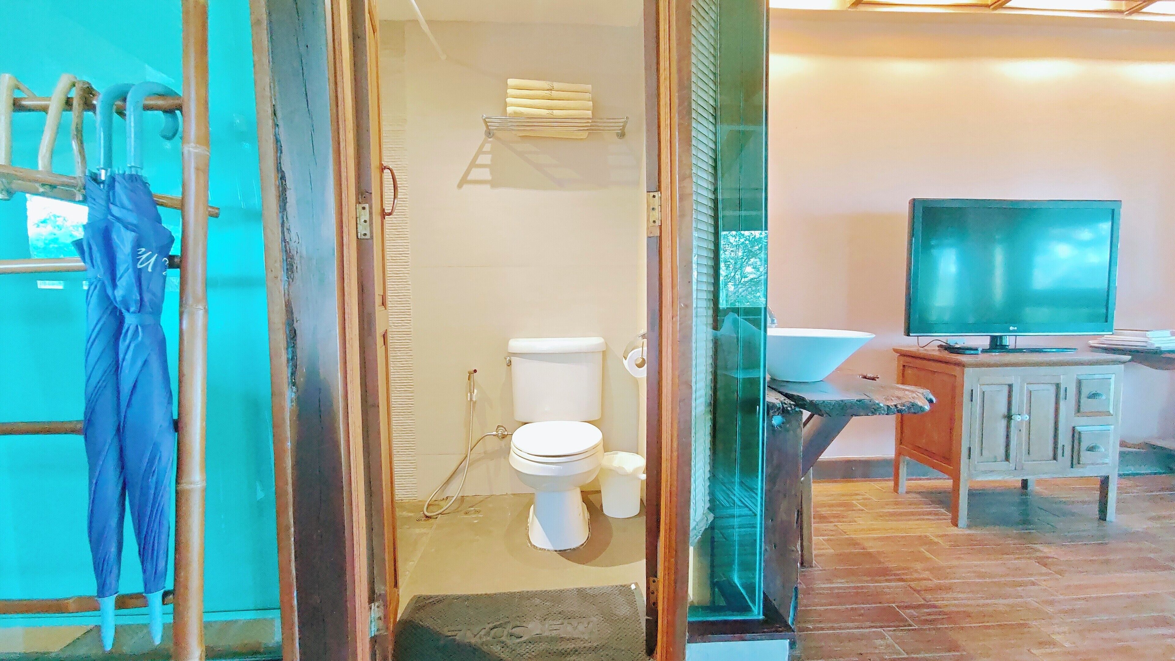 A bathroom with a toilet, sink, and a television.