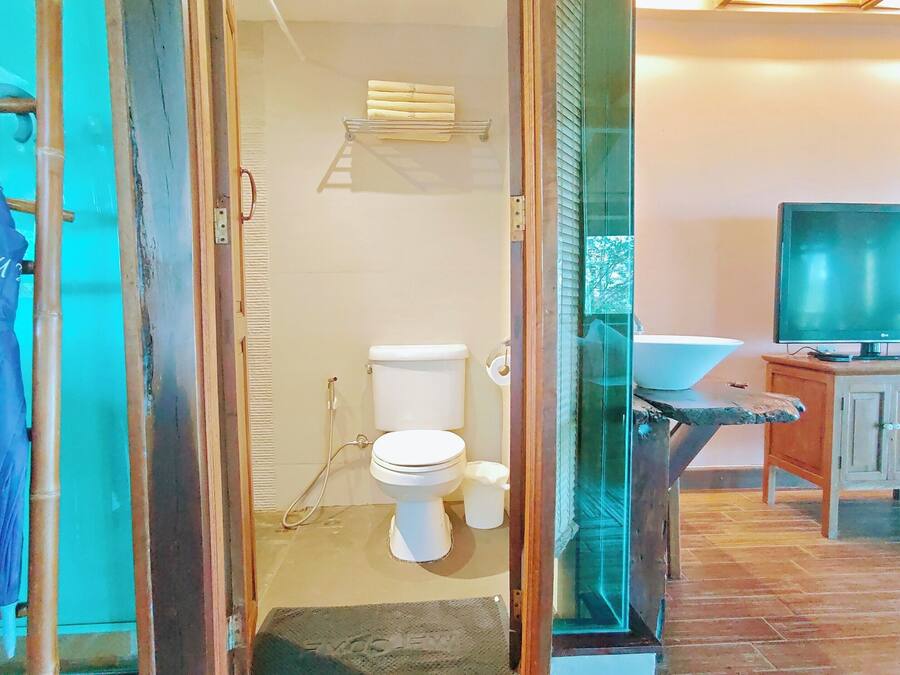 A bathroom with a toilet, sink, and a television.