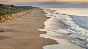 Una playa con arena y olas suaves.