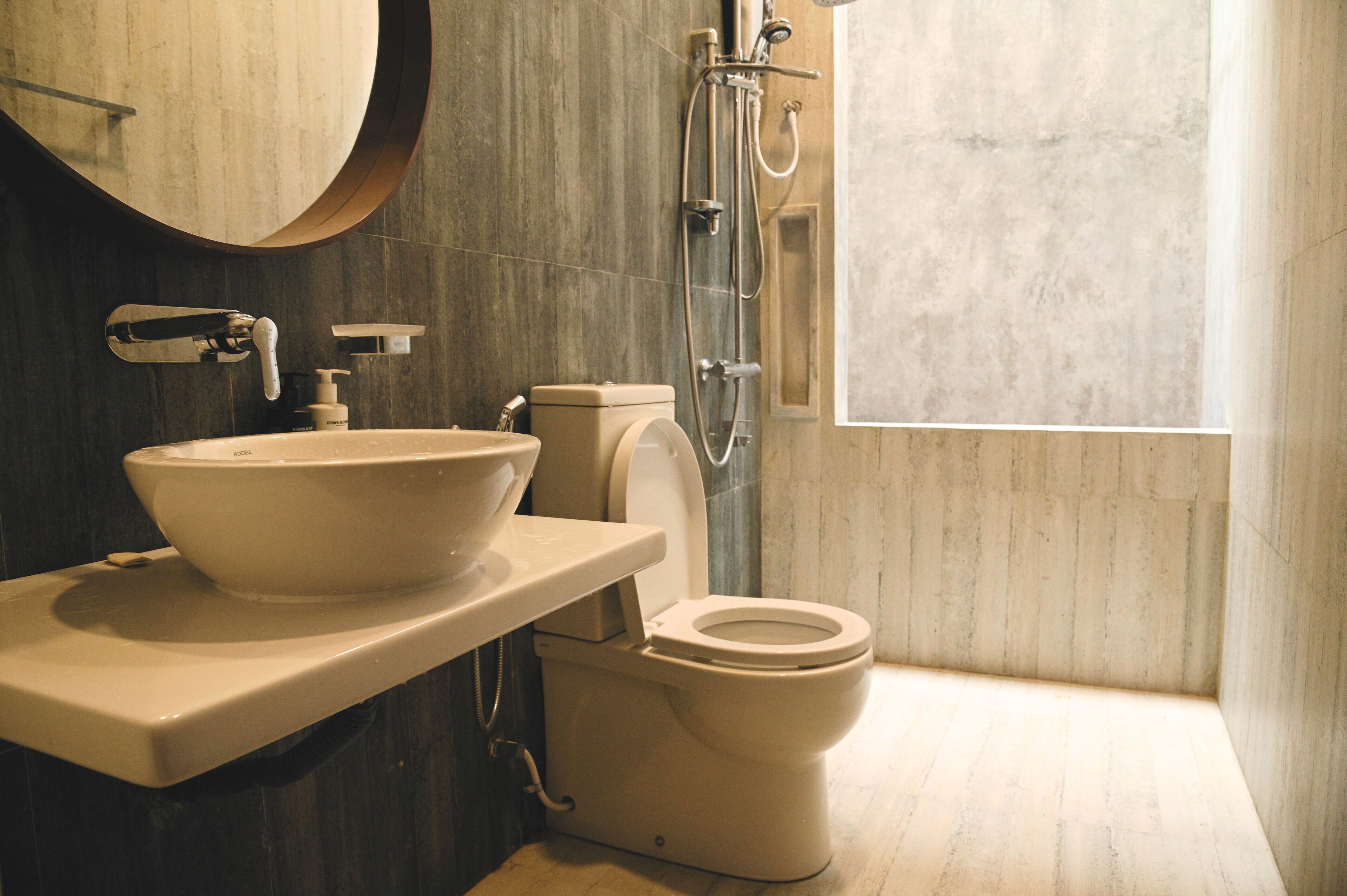 Hair dryer, bidet, towels, soap
