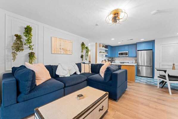Smart TV, fireplace, DVD player, books