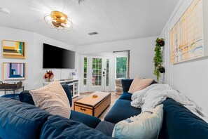 Smart TV, fireplace, DVD player, books