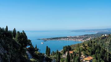 A coastal town with a view of the sea, buildings, and greenery.