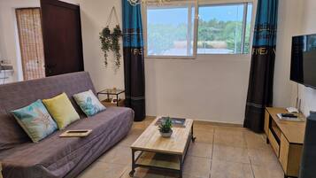 Een smart-tv, een open haard en een stereo