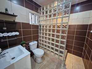 Shower, towels, soap, toilet paper